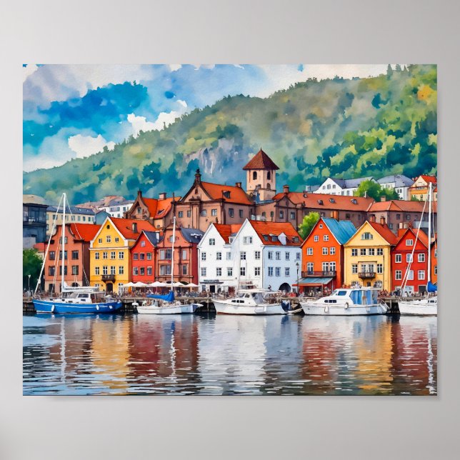 Bergen Norge Watercolor Poster (Framsidan)