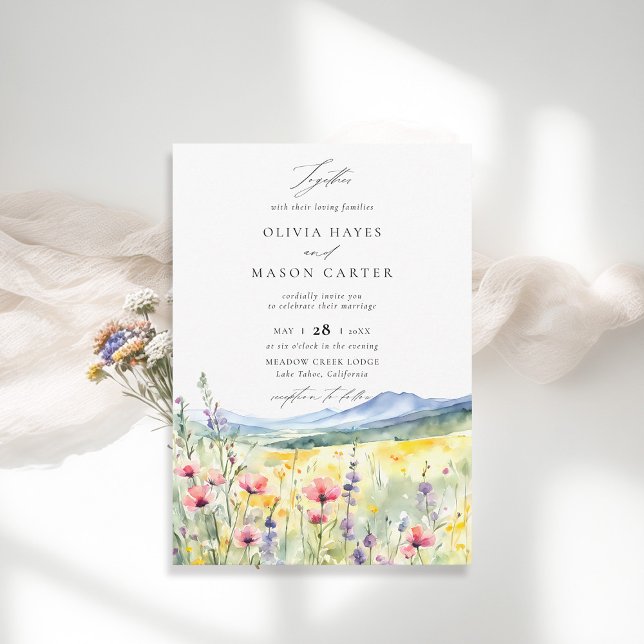 Bergen Skogen Rustic Meadow Wildblommor Bröllop Inbjudningar (mountains wedding invitation wildflowers outdoors woodland rustic elegant modern classic)