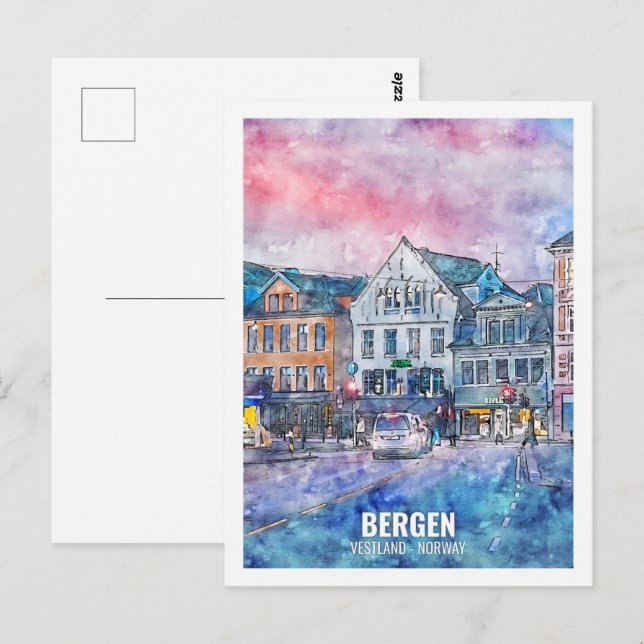 Bergen Vestland Norge Travel Ställe Watercolor Vykort (Fram/baksida)