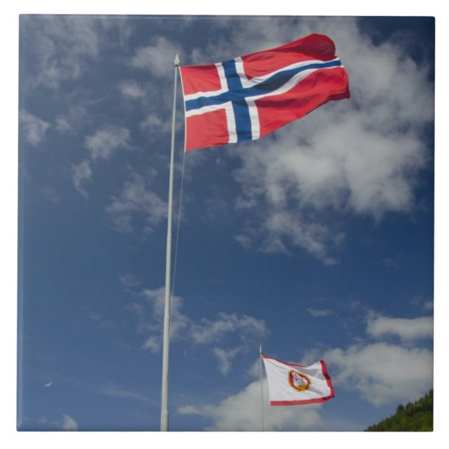Bergens historiska hamnområde i flaggor kakelplatta (Framsidan)