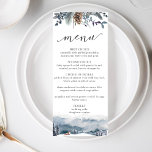 Berger och räv, Rustic Blue Blommigt Bröllop Menu Meny<br><div class="desc">Önska dina gäster med det här krävande menykortet. Utforma samordningen av våra inbjudningar till berg- och skogsbröllop. Använd separat design med en unik rustik blå blommigt arrangemang överst och en delikat vattenfärgsberg-, skogs- och rävskog på grund. Handskriven skrivstil på baksidan och framsidan. Lägg till din egen menyinformation på framsidan och...</div>