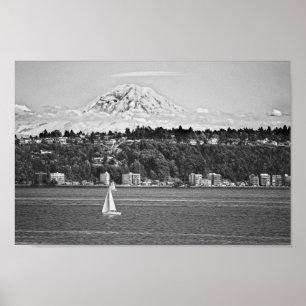 berget Rainier från Puget Ljud, Seattle Washington Poster