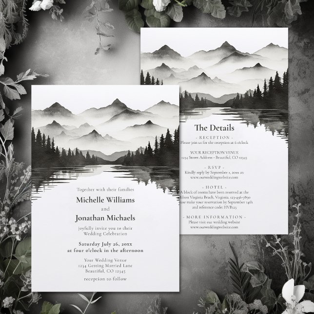 Berget Sjö Black and White Allt på ena Bröllop Inbjudningar (Mountain Lake Black and White All in One Wedding Invitation)