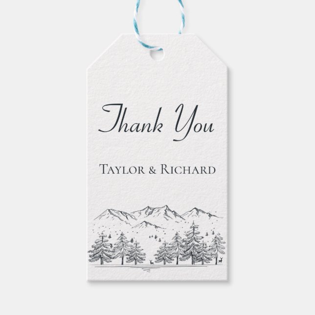 Berget tack, Winter Nature Bröllop Träd Presentetikett (Framsidan)