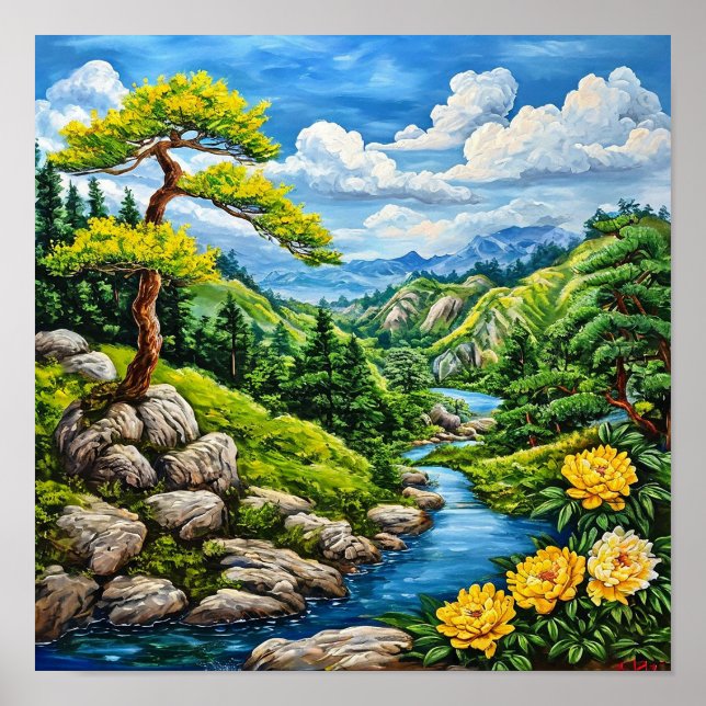 Bergflodens lugna naturlandskap poster (Framsidan)