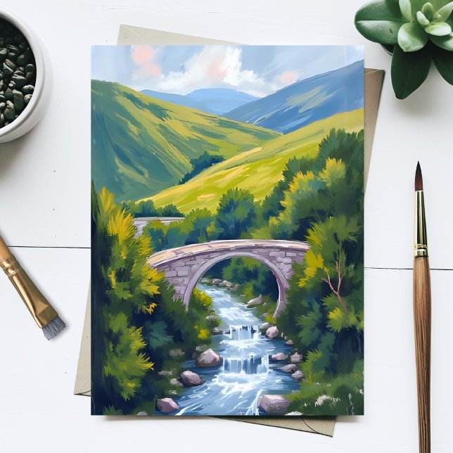 Bergflodsbro Grön Akvarell Landskap Vykort (Skapare uppladdad)