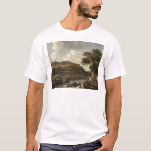 Bergigt skogsbevuxet landskap med ett flöde t-shirt