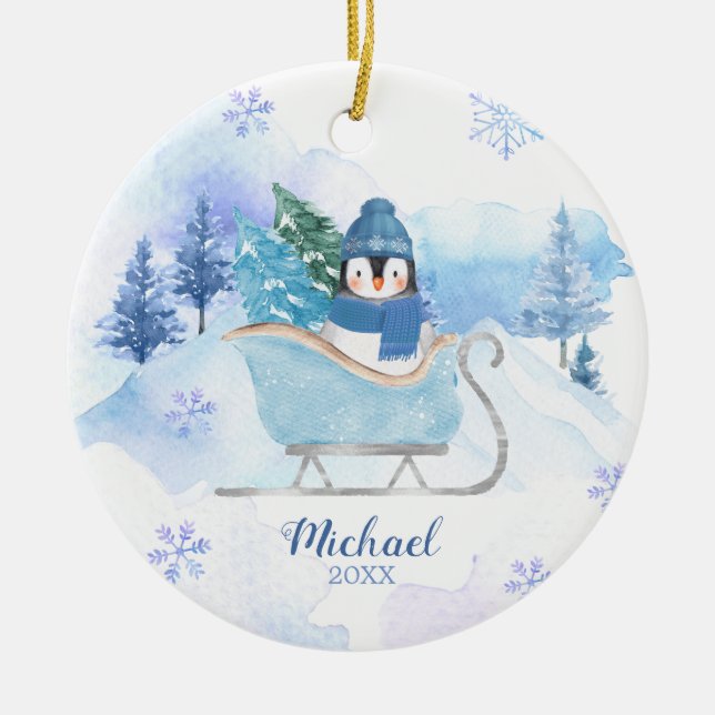 Bergning av Winter Cute Penguin Blue Snöflingor Julgransprydnad Keramik (Framsidan)
