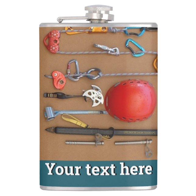 Bergningssats, hjälm, rep, karabinatorer fickplunta (Framsidan)