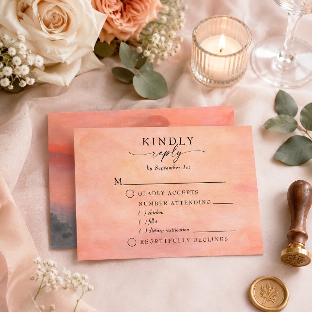Bergs Solnedgång Rustik Akvarell Bröllopsmåltid OSA Kort (Elevate your wedding stationery with this elegant mountain sunset wedding RSVP card.)