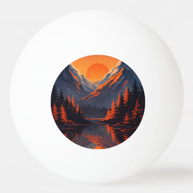 Bergs solnedgångsreflektion Eldig orange himmel  Pingisboll (Framsidan)