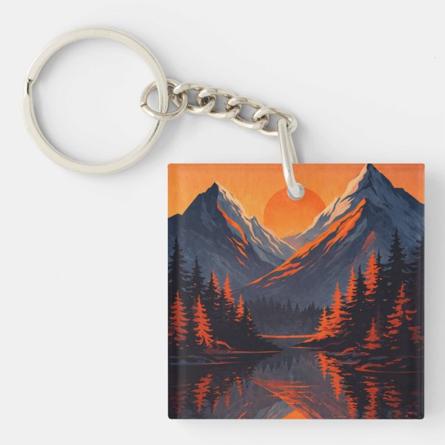 Bergs solnedgångsreflektion Eldorange himmel  (Framsidan)
