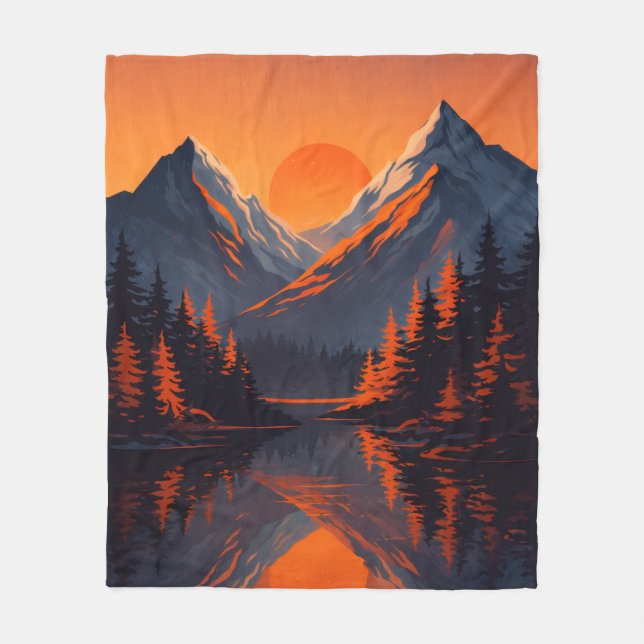 Bergs solnedgångsreflektion Eldorange himmel  Fleecefilt (Framsidan)