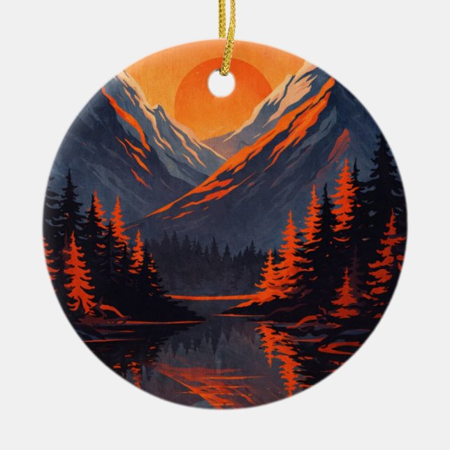 Bergs solnedgångsreflektion Eldorange himmel  Julgransprydnad Keramik (Framsidan)