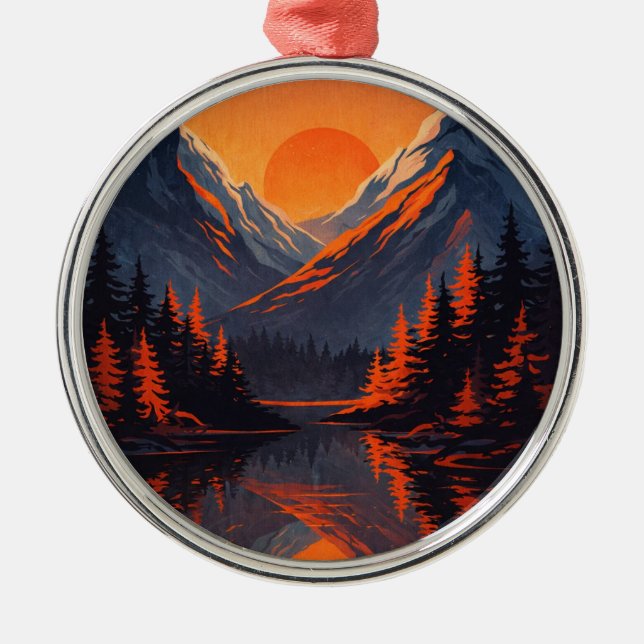 Bergs solnedgångsreflektion Eldorange himmel  Julgransprydnad Metall (Framsidan)