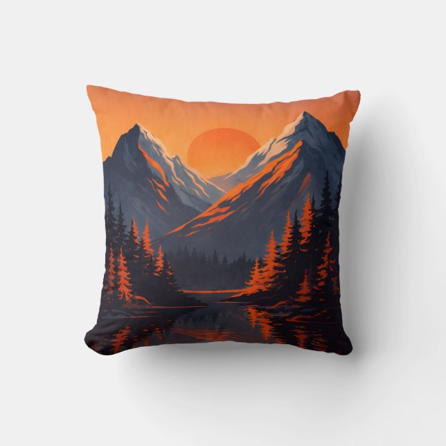 Bergs solnedgångsreflektion Eldorange himmel  Kudde (Framsida)