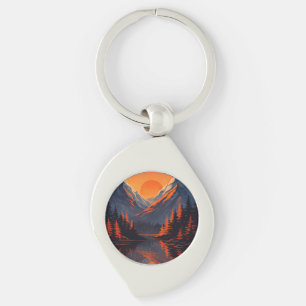 Bergs solnedgångsreflektion Eldorange himmel Swirl Silverfärgad Nyckelring