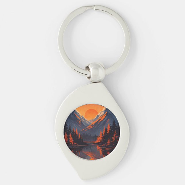 Bergs solnedgångsreflektion Eldorange himmel  Swirl Silverfärgad Nyckelring (Framsidan)
