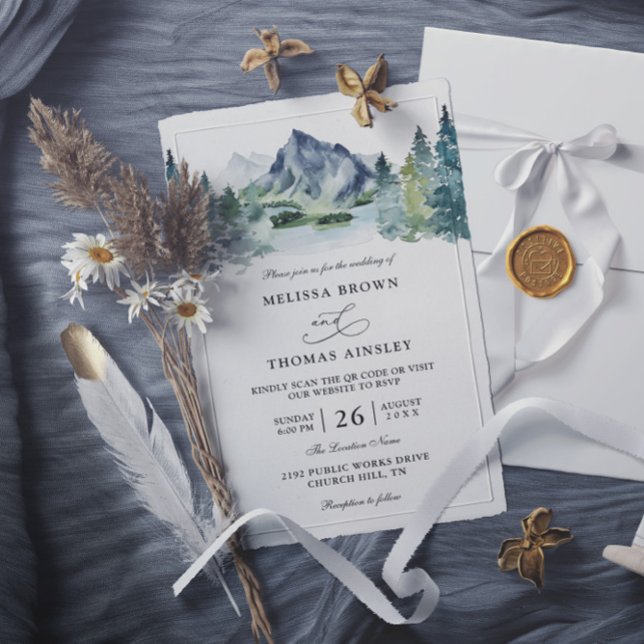 Bergs Watercolor Rustikalt Bröllop med QR-kod Budg Inbjudningar (Skapare uppladdad)