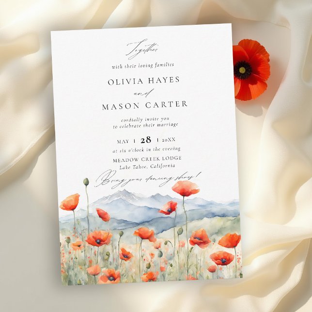 Bergsäng Sommarmalvor Romantiskt Bröllop Inbjudningar (wildflower wedding invitation mountain outdoors rustic red poppies meadow watercolor elegant design)