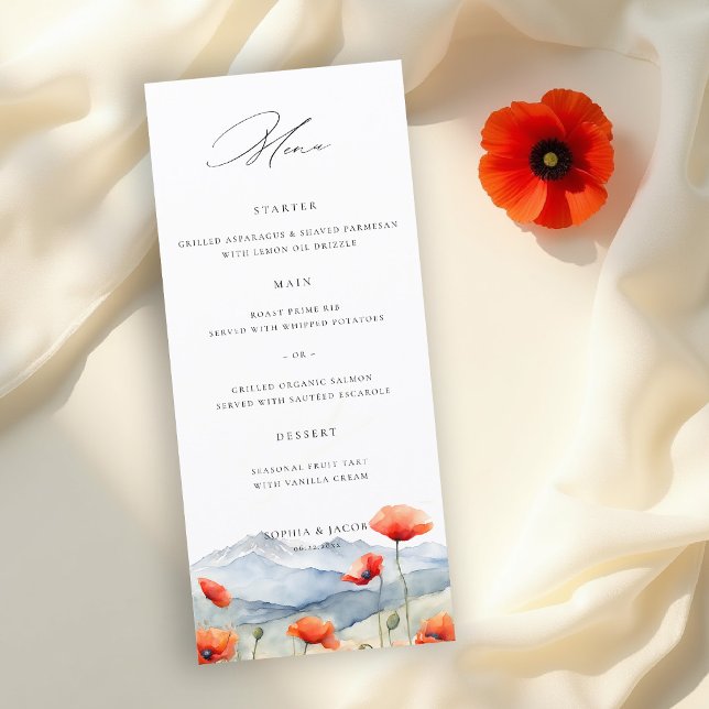 Bergsäng Sommarmalvor Romantiskt Bröllop Meny (wildflower wedding menu card mountain outdoors rustic red poppies meadow watercolor elegant)