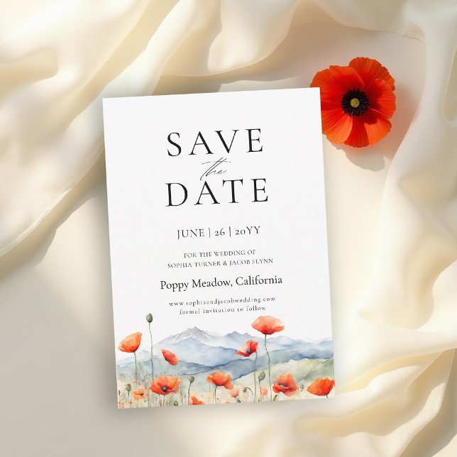 Bergsäng Sommarmalvor Romantiskt Bröllop Spara Datumet (wildflower wedding save the date card mountain outdoors rustic red poppies meadow watercolor elegant)