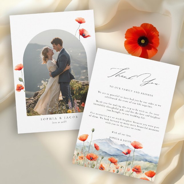 Bergsäng Sommarmalvor Romantiskt Bröllop Tack Kort (wildflower wedding thank you mountain outdoors rustic red poppies meadow watercolor elegant)