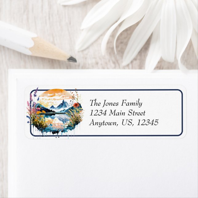 Bergscen för vattenfärg returadress etikett (Insitu)