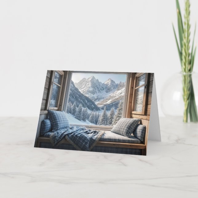 Bergscen på födelsedagen i ett kabinfönster kort (Framsida)