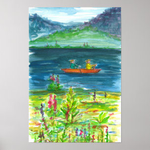 Bergsfärg för Sjö Kayak-vattenfärg Poster