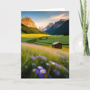 Bergshyttja med vildblommor på födelsedagen kort