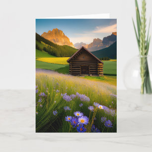 Bergshyttja med vildblommor på födelsedagen kort