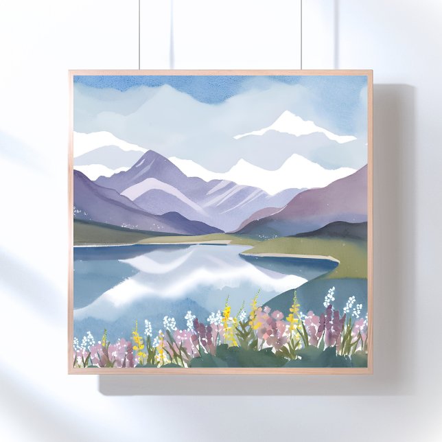Bergsjön | Blommig akvarell landskapsbild Poster (Skapare uppladdad)
