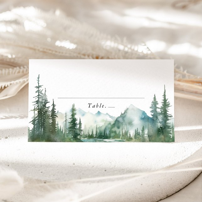 Bergsjös Bergbröllop Namn Platskort Placeringskort (Mountain Lake Wedding Place Card, Watercolor Woodland Escort Card, Forest Table Name Card Decor)