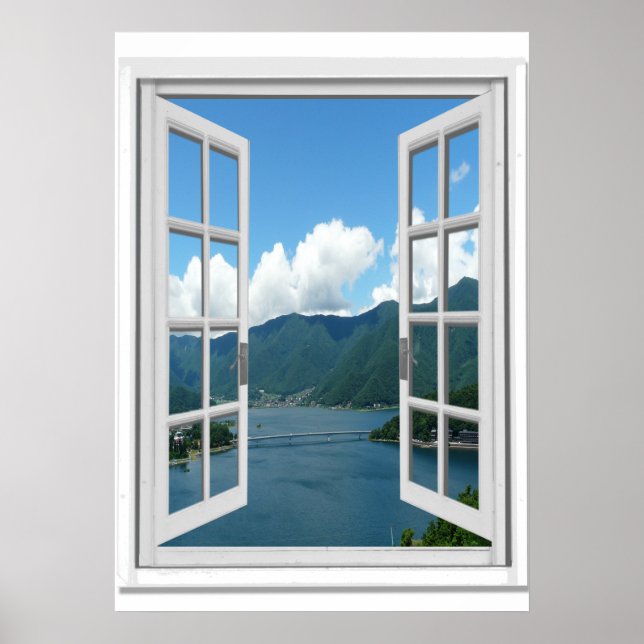 Bergsjösikt Trompe l'oeil Fönsterattrapp Poster (Framsidan)