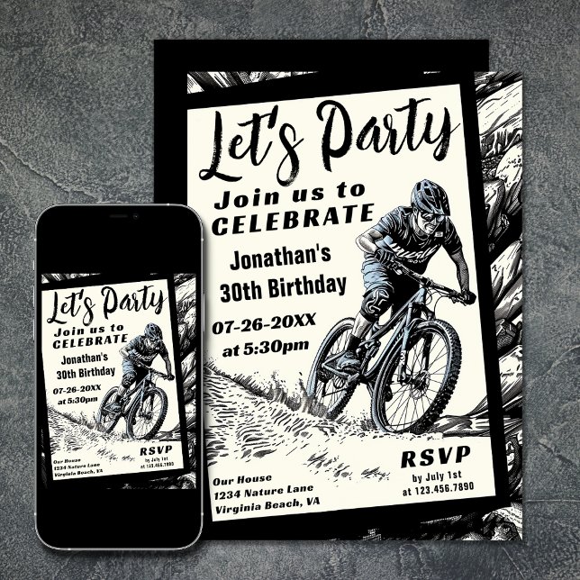 Bergskapets moderna sketch Stil födelsedag Inbjudningar (Mountain Bike Modern Sketch Style Birthday Invitation)