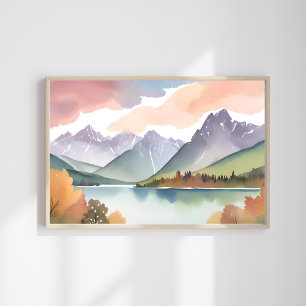 Bergskedja Luftig Natur Akvarell Landskap Poster