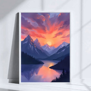Bergskedja Solnedgång Vattenfärg Landskap vid sj Poster