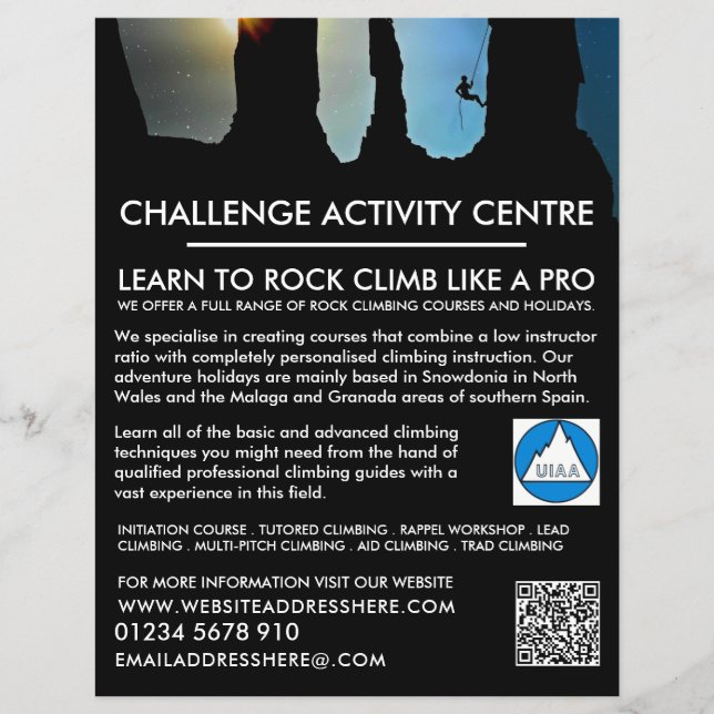 Bergsklättrare Siluett, Vandring och Klättring Ann Reklamblad (Framsidan)