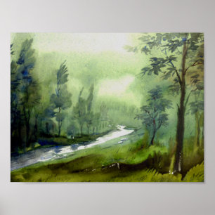 Bergskog - vattenfärg på papper målning poster