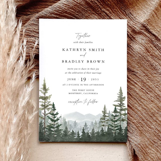 Bergskogs Tall Bröllop Inbjudningar (Mountain forest wedding invitation, sage green pine tree wedding stationery, layered woodland invite)