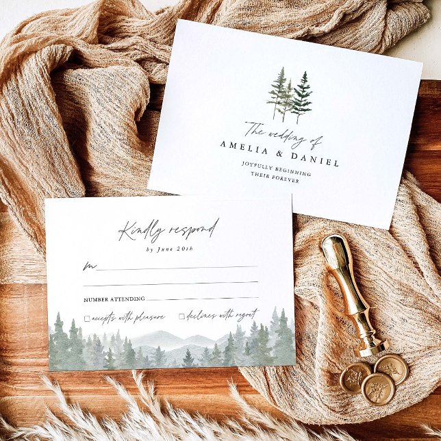 Bergskogs Tall Bröllop OSA Kort (Mountain forest wedding RSVP card, sage green pine tree woodland wedding stationery, neutral rsvp)