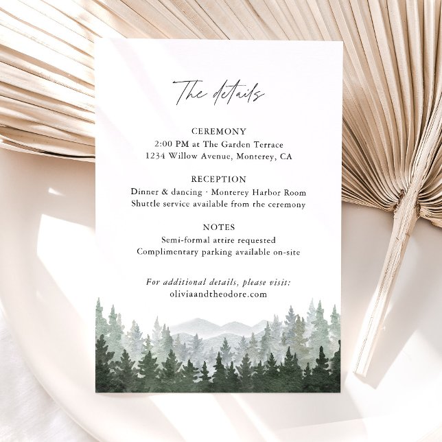 Bergskogs Tall Bröllopsdetaljer, Information Tilläggskort (Mountain forest wedding information card sage green pine wedding stationery neutral park hotel card)