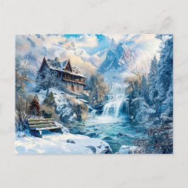 Bergskonton av Waterfall i Winter Illustrati Vykort
