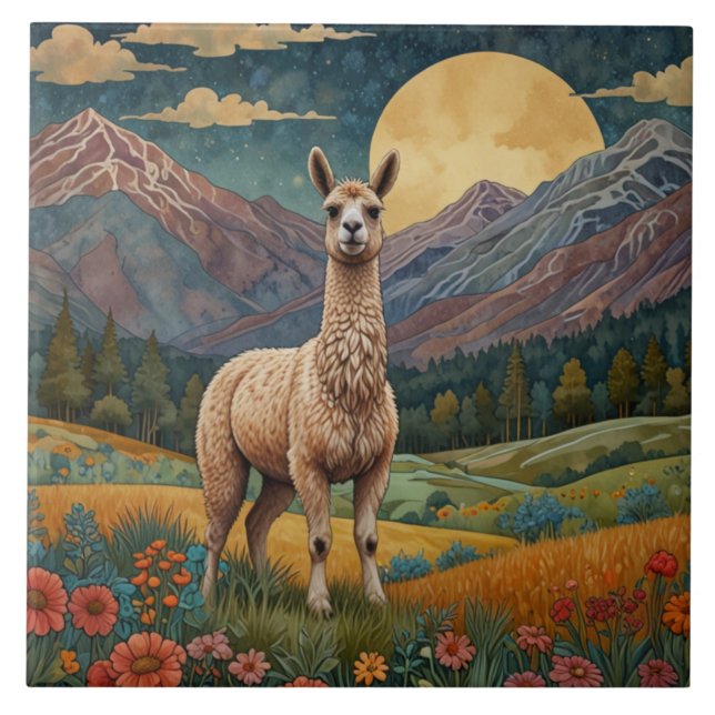 Bergslandskap i Alaca-Alperna Retro boho llama Kakelplatta (Framsidan)