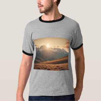 Bergslandskap med sol, nedsänkt jordton t shirt