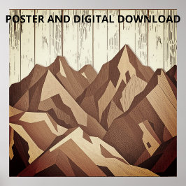 Bergslandskap på Rustic Wood Background Poster