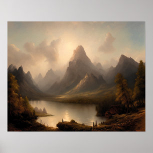 Bergsmålning vid sjö - landskapskonst poster