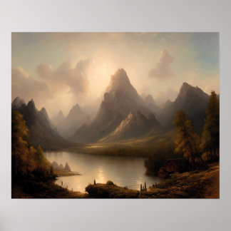 Bergsmålning vid sjö - landskapskonst poster