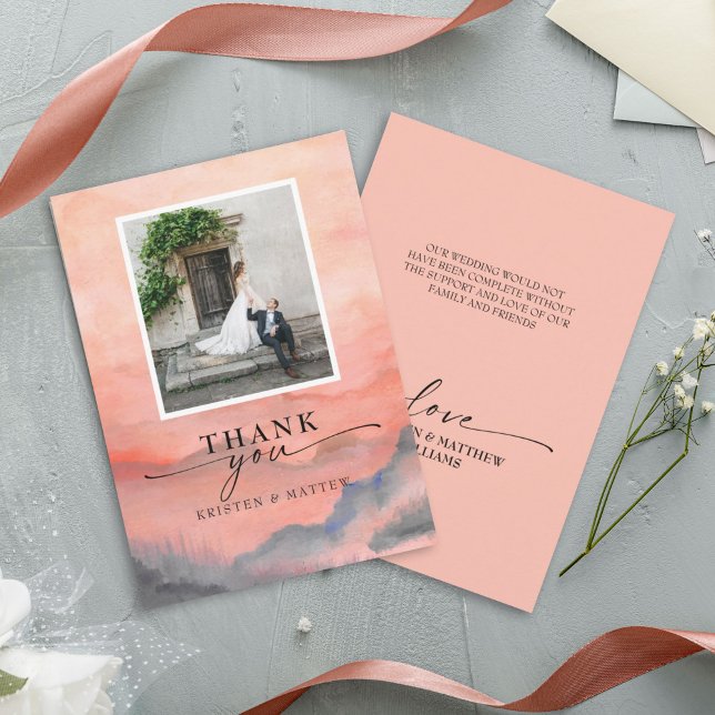 Bergsolnedgång Vattenfärg Rustik Bröllopsfoto Tack Kort (This elegant mountain sunset watercolor rustic wedding photo thank you card is elegant.
)